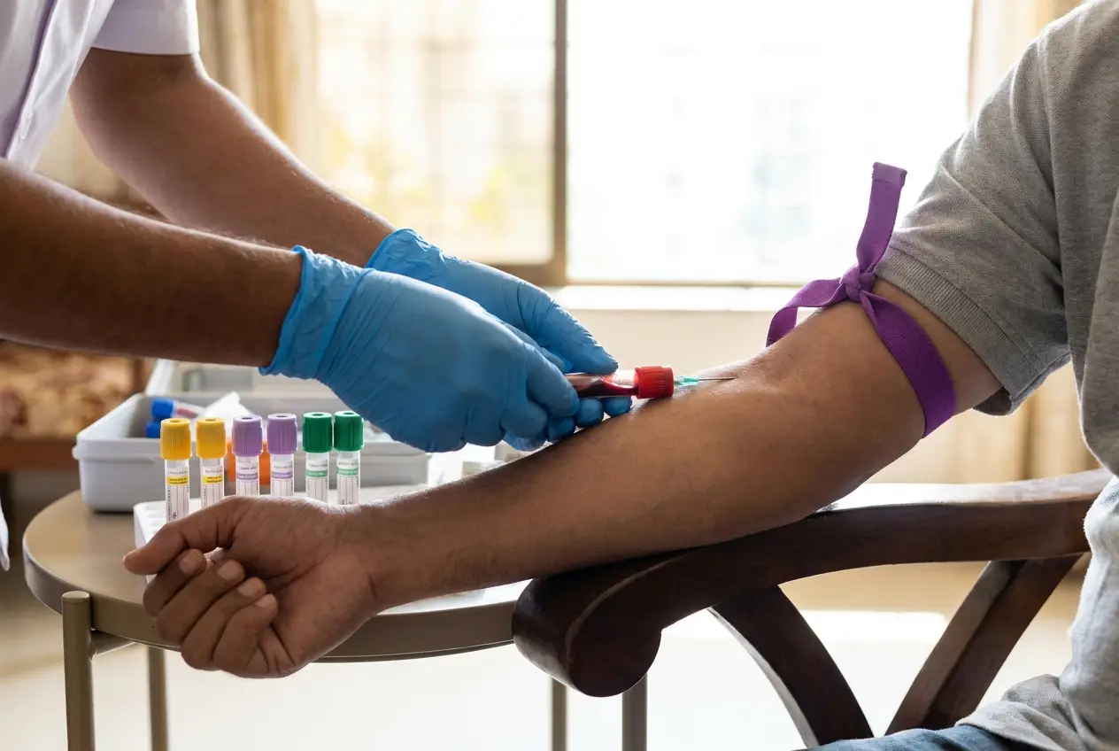 Blood sample collection from arm into test tubes at home