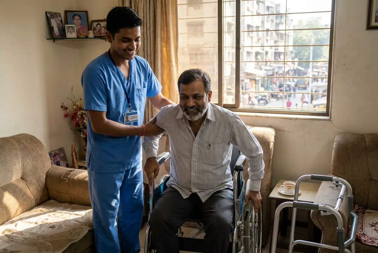 Trained attendant assisting a patient at home